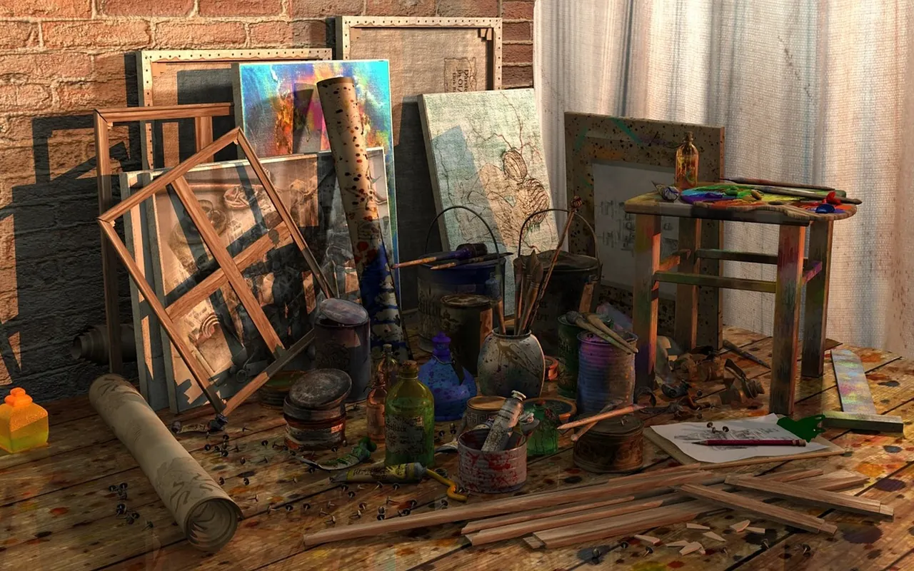Atelier mit Staffeleien und Malmaterial